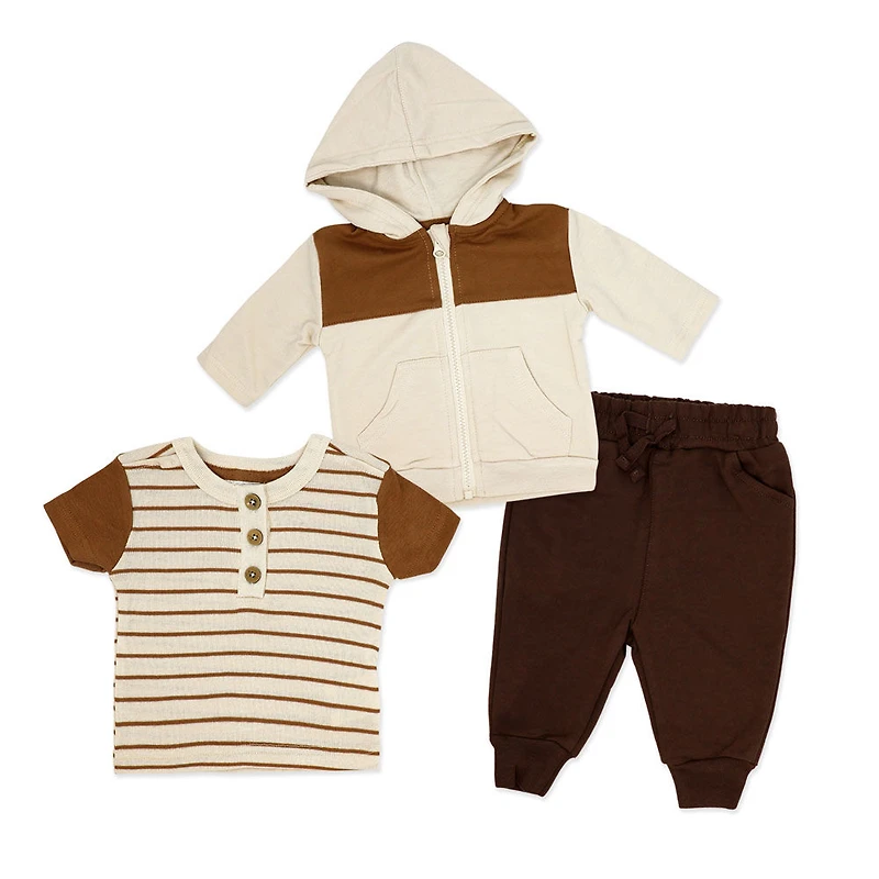 Baby Mode 3 Piece French Terry Jogger Set: Brown Stripe