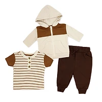 Baby Mode 3 Piece French Terry Jogger Set: Brown Stripe