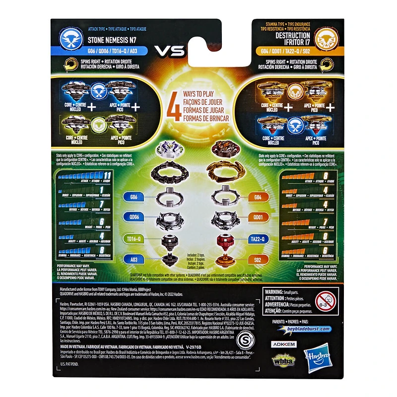 Beyblade Burst QuadDrive, Pack de 2 toupies de compétition Destruction Ifritor I7 et Stone Nemesis N7