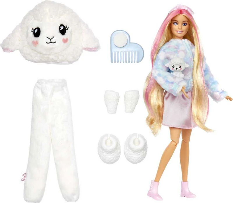 Barbie Cutie Reveal Cozy Cute Tees Doll and Accessories, Lamb in "Dream" T-shirt, Pink-Streaked Blond Hair and Blue Eyes