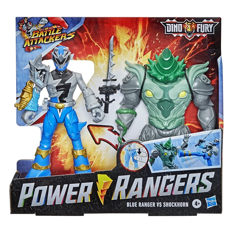 Power Rangers Dino Fury Battle Attackers - 2-Pack Blue Ranger vs. Shockhorn Kicking Action Figure Toys with Accessory