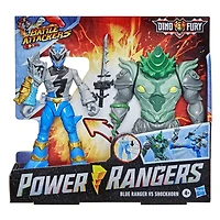 Power Rangers Dino Fury Battle Attackers - 2-Pack Blue Ranger vs. Shockhorn Kicking Action Figure Toys with Accessory