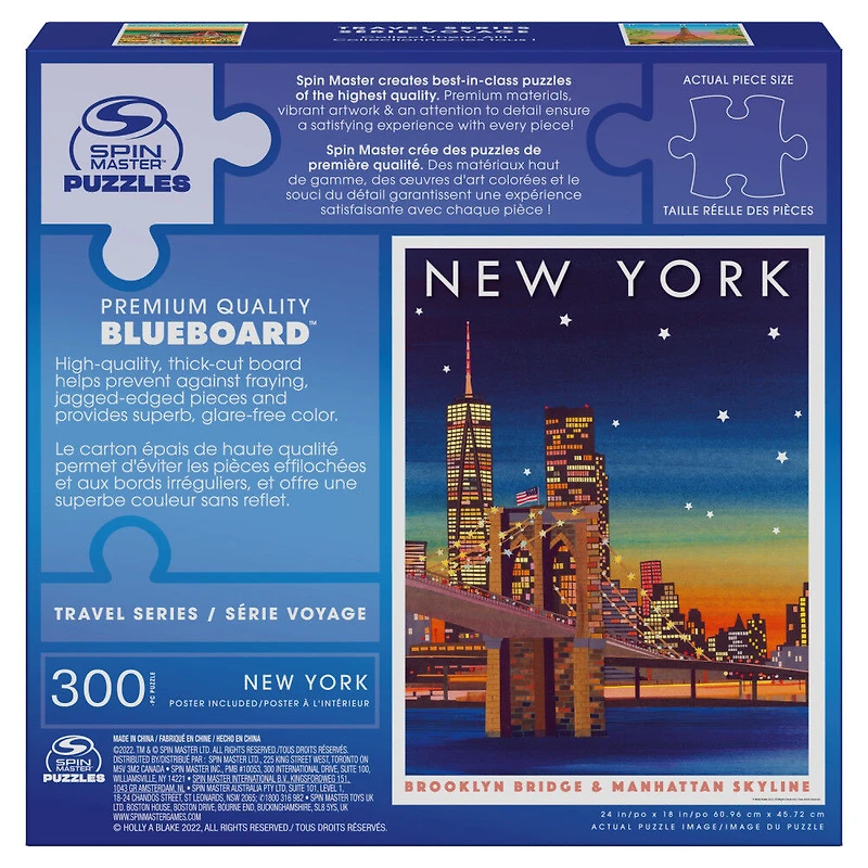 Puzzles Spin Master, New York, Puzzle BlueBoard de 300 pièces de la série Voyage représentant la silhouette des immeubles de Manhattan et le pont de Brooklyn, avec poster