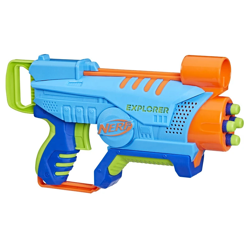 Nerf Elite Jr Explorer Easy-Play Blaster, Easy to Hold and Load and Blast, 8 Nerf Elite Darts, Toy Foam Blasters