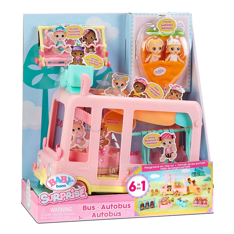 Jeu d'autobus BABY BORNMD Surprise avec 2 mini bébés jumeaux exclusifs / terrain de jeu 6 en 1 mobile pour tous vos animaux et bébés BABY BORNMD Surprise à collectionner / peut convenir à 20+ mini bébés BABY BORNMD Surprise