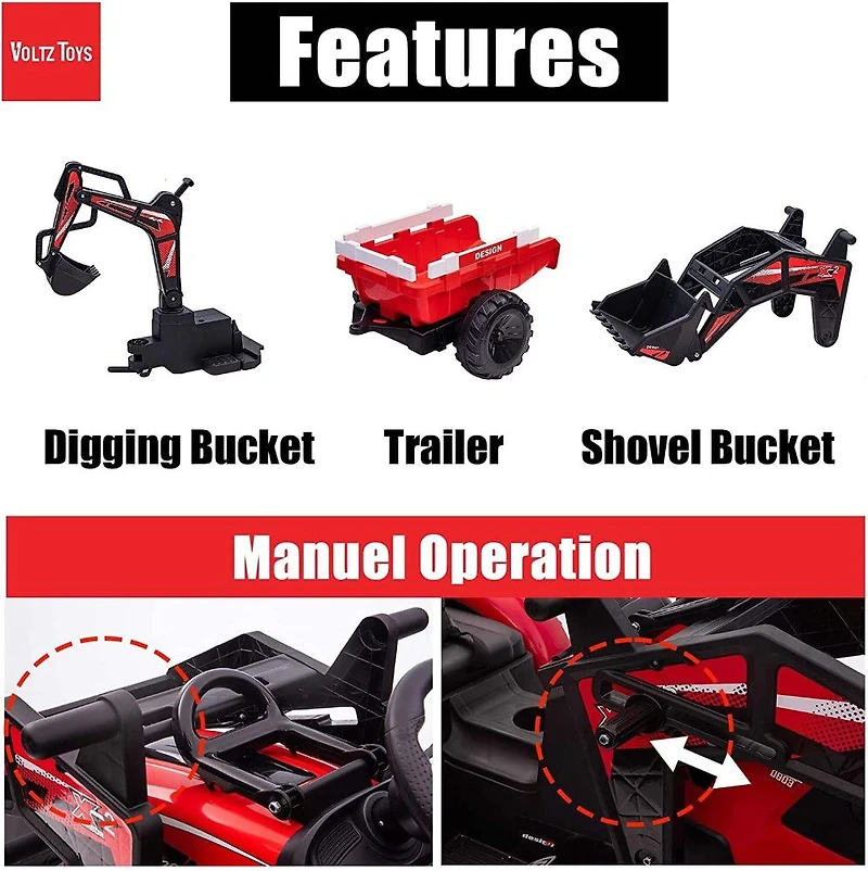 Voltz Toys Tracteur agricole avec pelle, pelleteuse et remorque