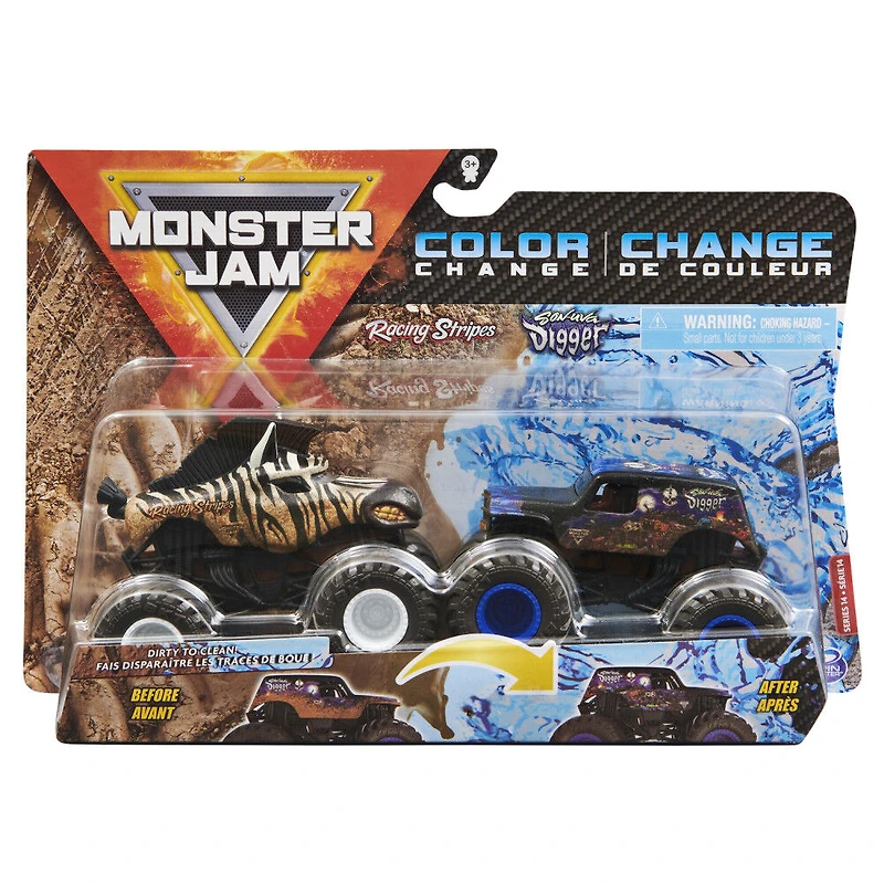 Monster Jam, Coffret de 2 monster trucks officiels en métal moulé Racing Stripes vs Son-Uva Digger qui changent de couleur, échelle 1:64