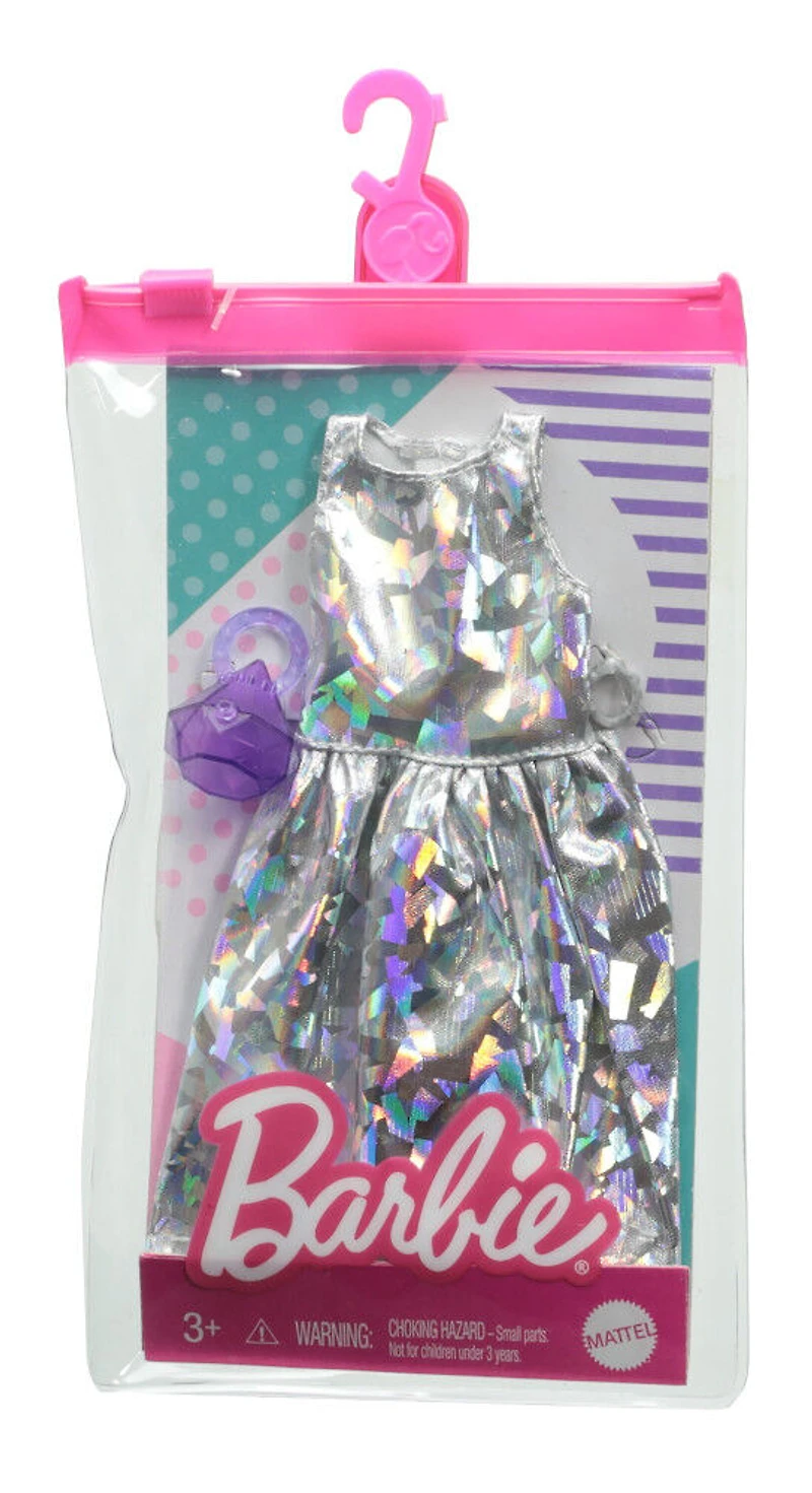 Pack Tenue Complète Barbie avec Robe Argentée, Sac à Main en Forme de Solitaire et Bracelet Couleur Argent
