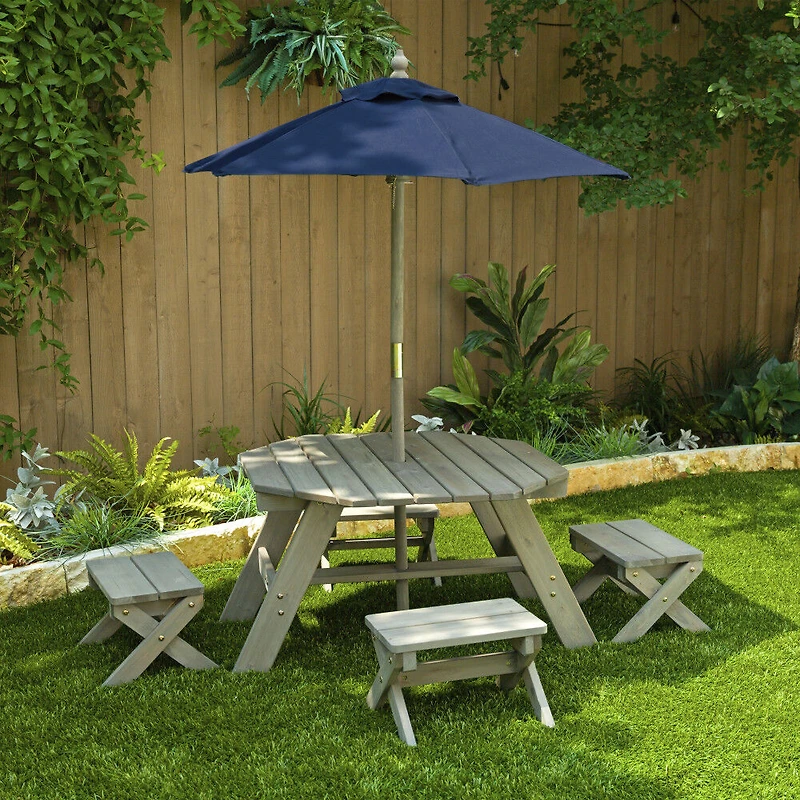 KidKraft - Ensemble de tabourets, parasol et table octogonale de bois, mobilier de jardin pour enfants, gris bois de grange et marine