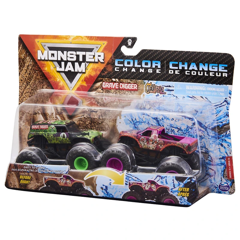 Monster Jam, Coffret de 2 monster trucks officiels en métal moulé Grave Digger vs Calavera qui changent de couleur, échelle 1:64