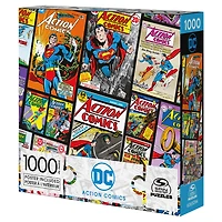 DC Comics, Action Comics, Puzzle de 1 000 pièces représentant un collage de couvertures de comics Superman rétro, avec poster