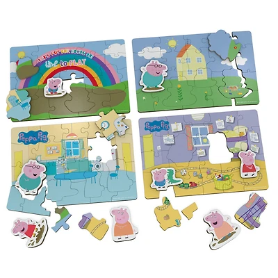 Peppa Pig, 24-Piece Jigsaw Puzzles 4-Pack Bundle with 8 Interchangeable Peppa Pig Character Pieces and Wooden Slide Box
