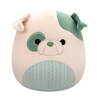 Peluche Squishmallows 12" - Augustine le bouledogue crème et vert avec ventre en tricot torsadé gaufré vert