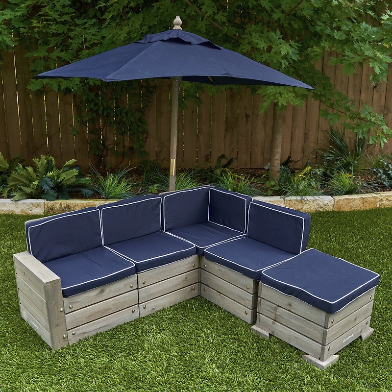KidKraft - Ensemble modulaire extérieur en bois avec pouf, parasol et coussins, mobilier de patio pour enfants, gris bois de grange et marine