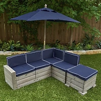 KidKraft - Ensemble modulaire extérieur en bois avec pouf, parasol et coussins, mobilier de patio pour enfants, gris bois de grange et marine