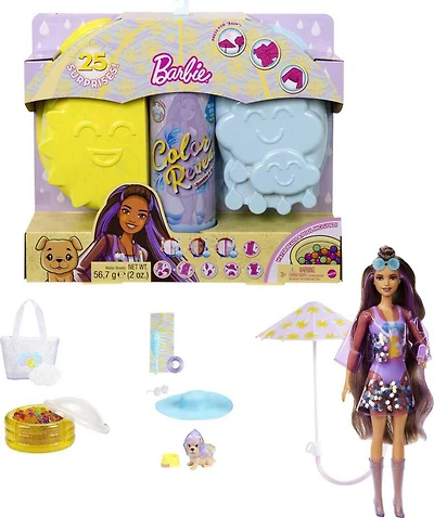 Poupée et accessoires ​Sunshine and Sprinkles Barbie Color Reveal, incluant parapluie à fonction d'eau et changement de couleur, thème de soleil et de nuages