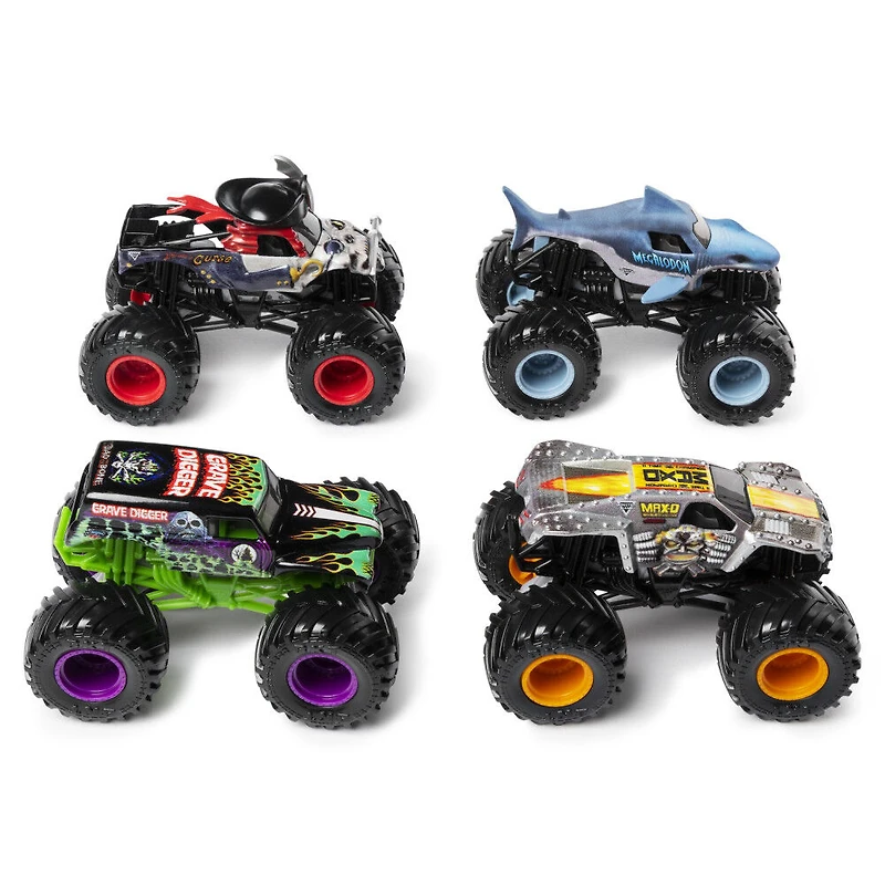 Monster Jam, Land vs. Sea 4 Pack (Grave Digger, Max-D, Megalodon, and Pirate's), 1:64 Scale Die-Cast Vehicles