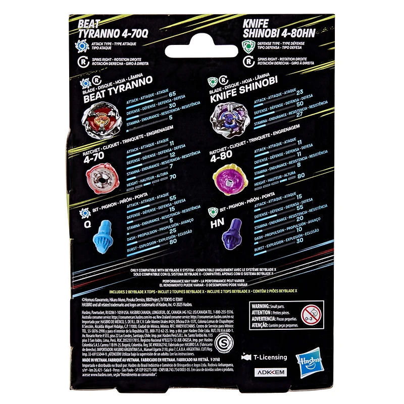 Beyblade X Beat Tyranno 4-70Q & Knife Shinobi 4-80HN Dual Pack Set with 2 Right-Spinning Tops; Authentic Takara Tomy Battle Tops