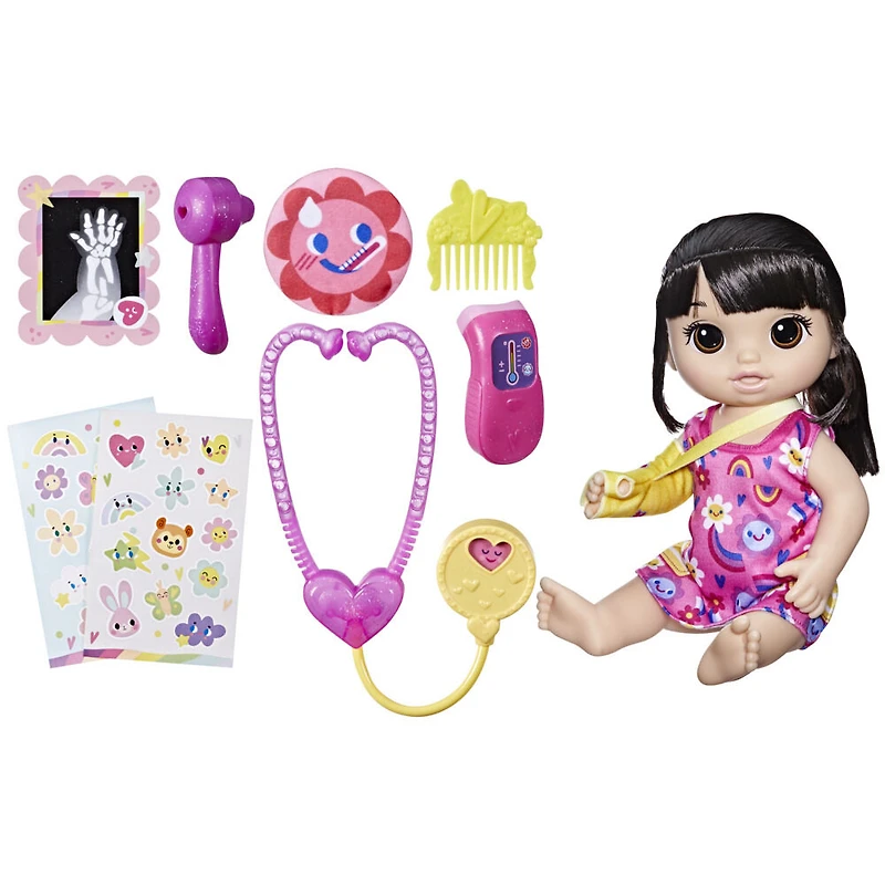Baby Alive, Bella va mieux, coffret de poupée (cheveux bruns foncés) pour jouer au docteur