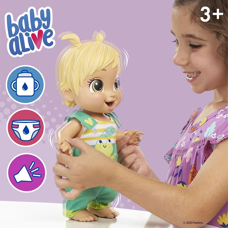 Baby Alive, poupée Bébé sautille, tenue avec grenouille, sautille et rit, boit et fait pipi, + de 25 sons