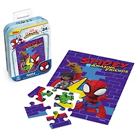 Marvel, Puzzle de 24 pièces Spidey and his Amazing Friends, Peter Miles, Gwen, produit officiel de comics de super-héros, avec boîte cadeau en métal
