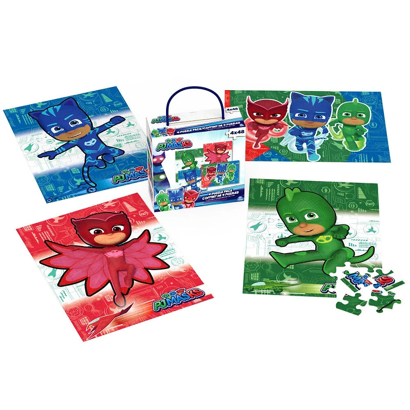 PJ Masks, Coffret de 4 puzzles de 48 pièces faciles à assembler, dessin animé Disney Junior, Catboy, Owlette, Gekko