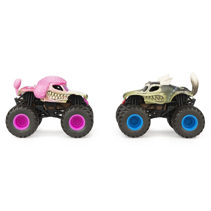 Monster Jam, Coffret de 2 monster trucks officiels en métal moulé Monster Mutt Poodle vs. Monster Mutt Husky qui changent de couleur, échelle 1:64