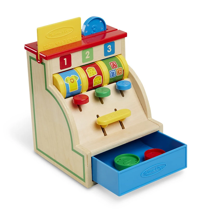 Melissa & Doug Spin and Swipe Caisse enregistreuse en bois avec 3 pièces de jeu, carte de crédit