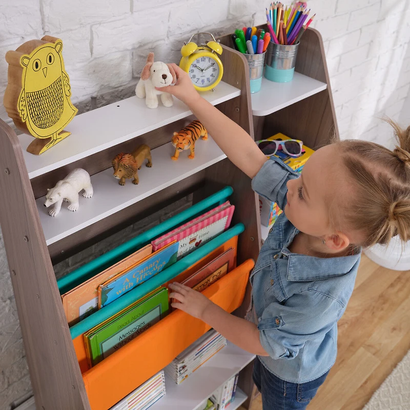Bibliothèque en bois avec pochettes de rangement, meubles pour enfants - Gris cendré