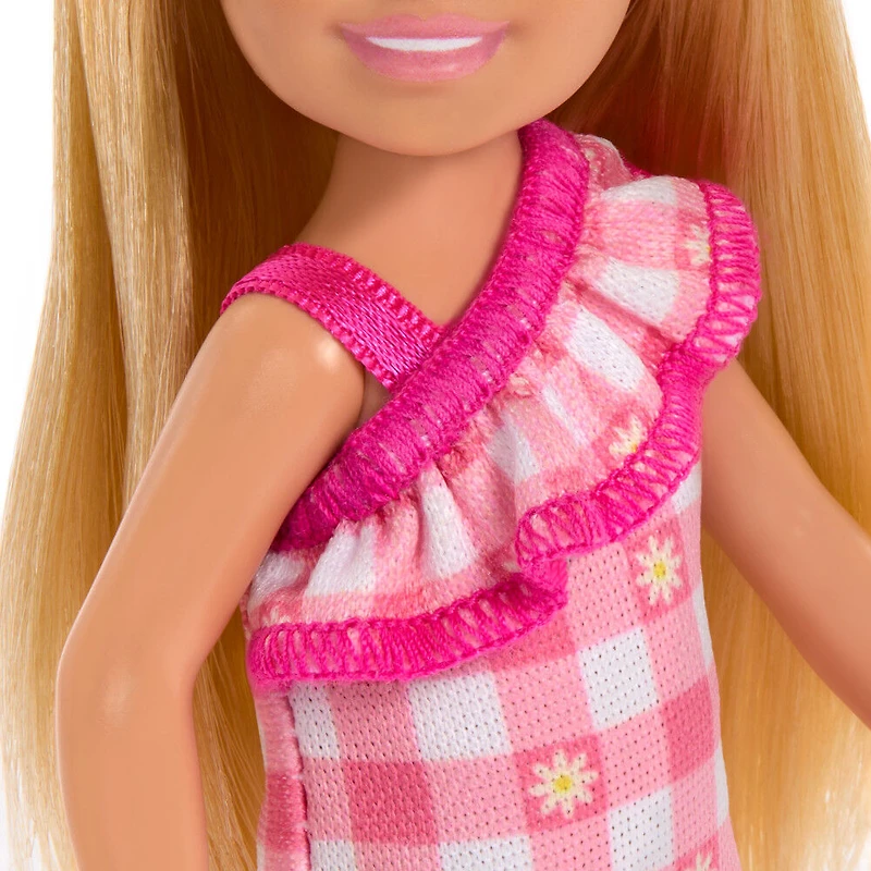 Barbie Chelsea Doll, Small Doll Wearing Removable Checked Dress with Blonde Hair & Blue Eyes