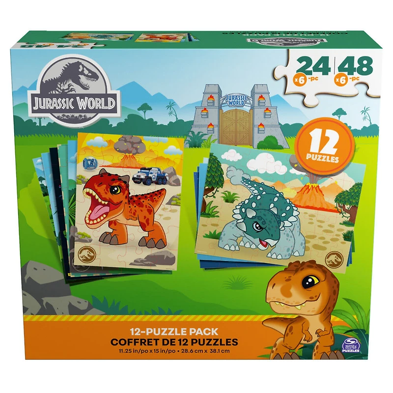 Jurassic World, Coffret de 12 puzzles de 24 pièces et 48 pièces pour enfants, puzzles dinosaure