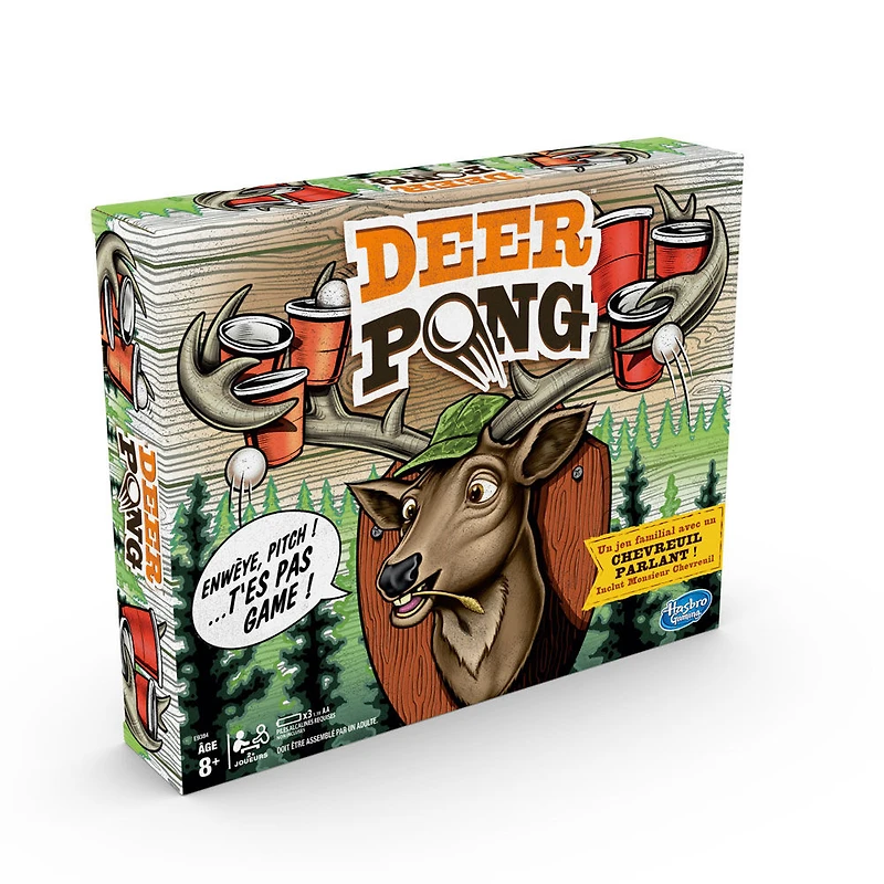 Deer Pong avec tête de chevreuil parlante et musique, inclut 6 gobelets et 6 balles (Version française)