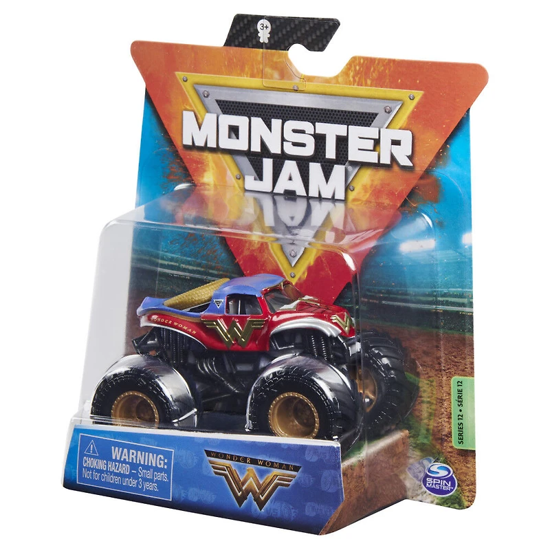 Monster Jam, Monster truck Wonder Woman officiel, véhicule en métal moulé, série Heroes and Villians Trucks, échelle 1:64
