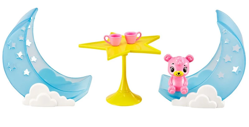 Coffret Chelsea Dreamtopia avec Poupée Chelsea Princesse en Tenue de Nuit, un Lit Superposé, une Balançoire, des Fauteuils à Bascule en forme de Lune et une Licorne à Bascule