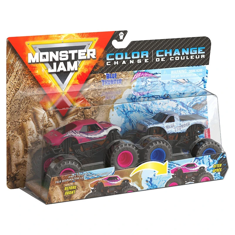 Monster Jam, Coffret de 2 monster trucks officiels en métal moulé Blue Thunder vs Full Charge qui changent de couleur, échelle 1:64