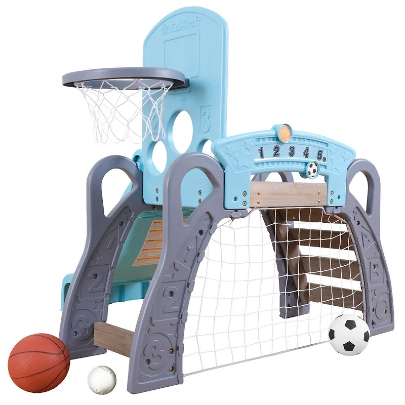 KidKraft Structure à grimper sportive 5 en 1 pour tout-petits comprenant un filet de soccer, un panier de basketball, un coussin de baseball