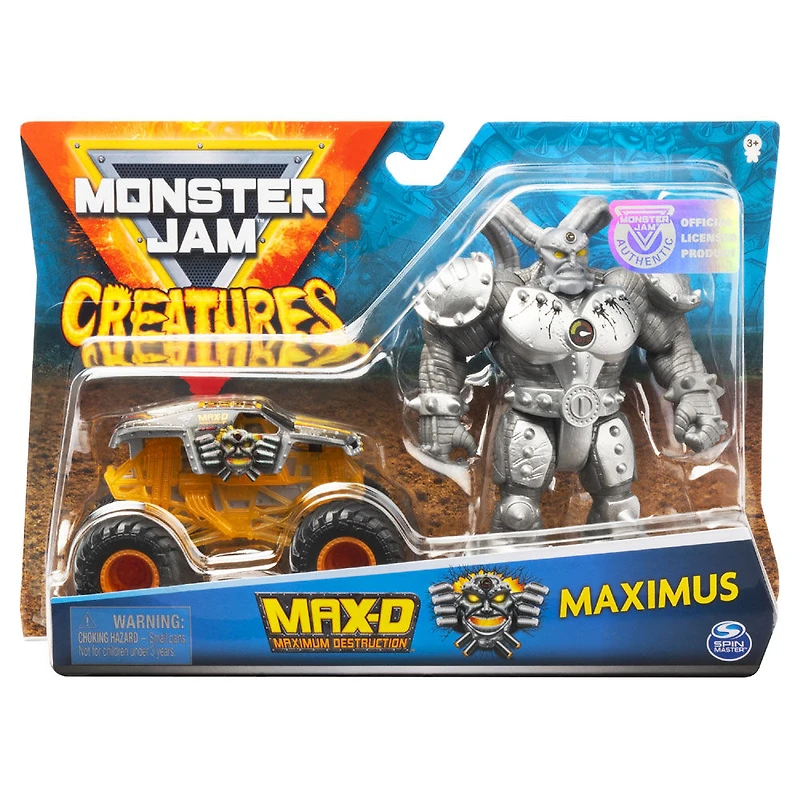 Monster Jam, Coffret Monster truck Max-D à l'échelle 1:64 officiel et figurine articulée Maximus Creatures de 13 cm