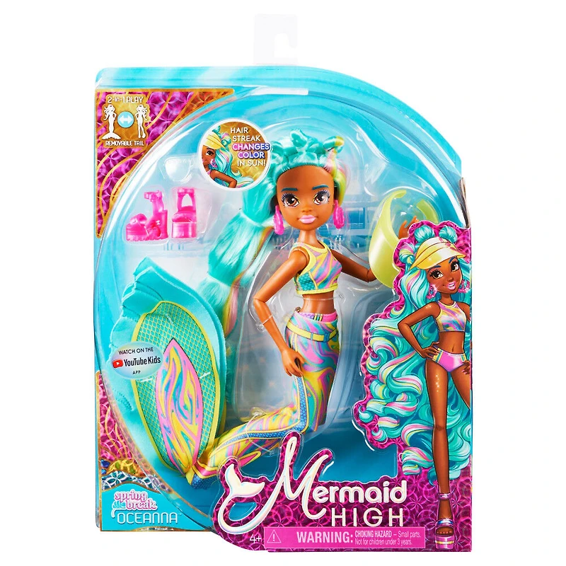 Mermaid High, Poupée sirène Spring Break Oceanna et accessoires avec queue amovible et mèches de cheveux qui changent de couleur