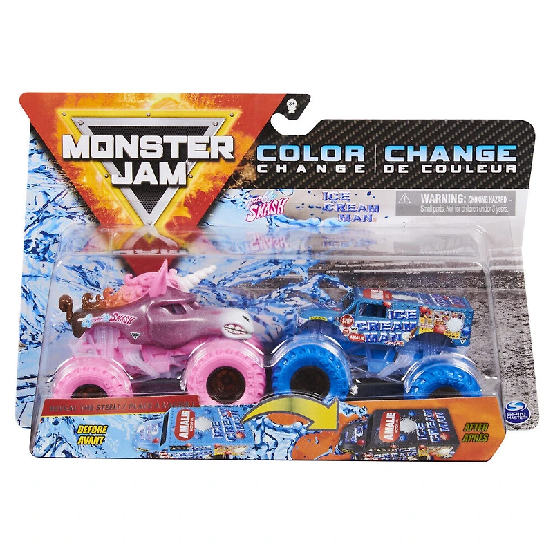 Monster Jam, Monster trucks Sparkle Smash vs. Ice Cream Man officiels qui changent de couleur en métal moulé, échelle 1:64