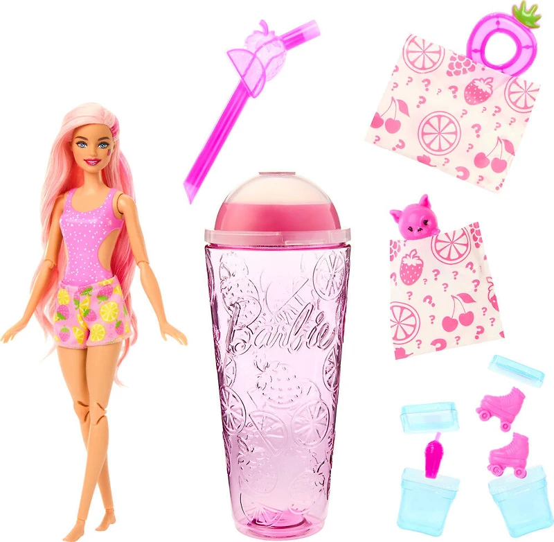 Barbie Pop Reveal Poupée série Fruit, thème limonade à la fraise avec 8 surprises dont 1 animal de compagnie et des accessoires, slime, parfum et changement de couleur
