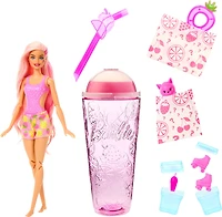Barbie Pop Reveal Poupée série Fruit, thème limonade à la fraise avec 8 surprises dont 1 animal de compagnie et des accessoires, slime, parfum et changement de couleur