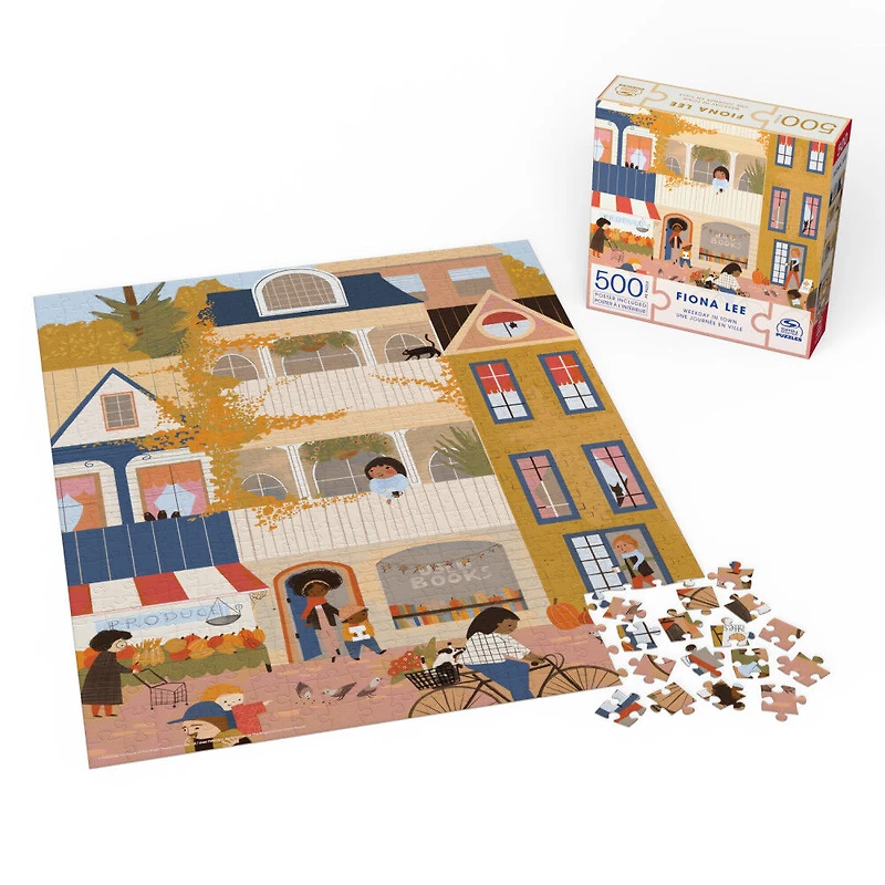 Puzzles Spin Master, Puzzle Une journée en ville, Puzzle de 500 pièces par l'artiste Fiona Lee avec poster décoratif