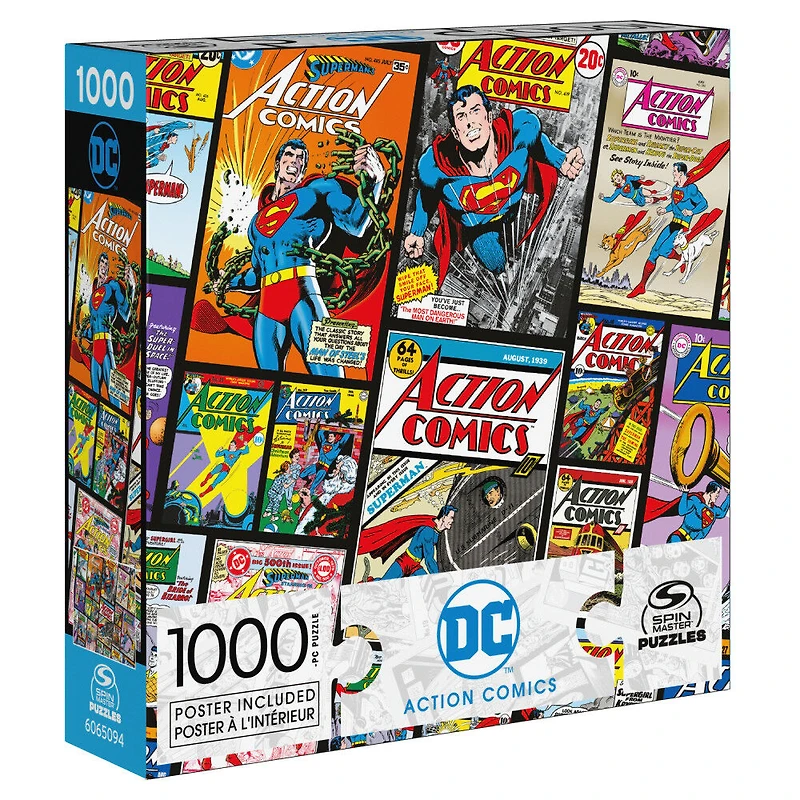 DC Comics, Action Comics, Puzzle de 1 000 pièces représentant un collage de couvertures de comics Superman rétro, avec poster
