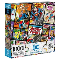 DC Comics, Action Comics, Puzzle de 1 000 pièces représentant un collage de couvertures de comics Superman rétro, avec poster