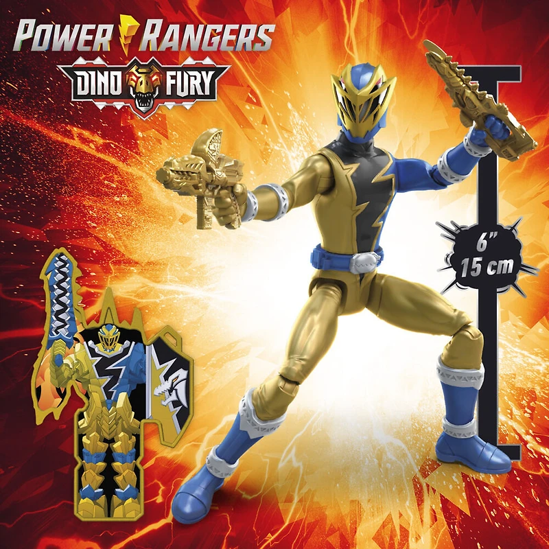 Power Rangers Dino Fury, Ranger doré, figurine articulée de 15 cm inspirée de la série, avec clé Dino Fury et accessoire