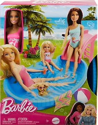 Barbie Doll and Pool Playset, Blonde with Pool, Slide, Towel and Drink Accessories