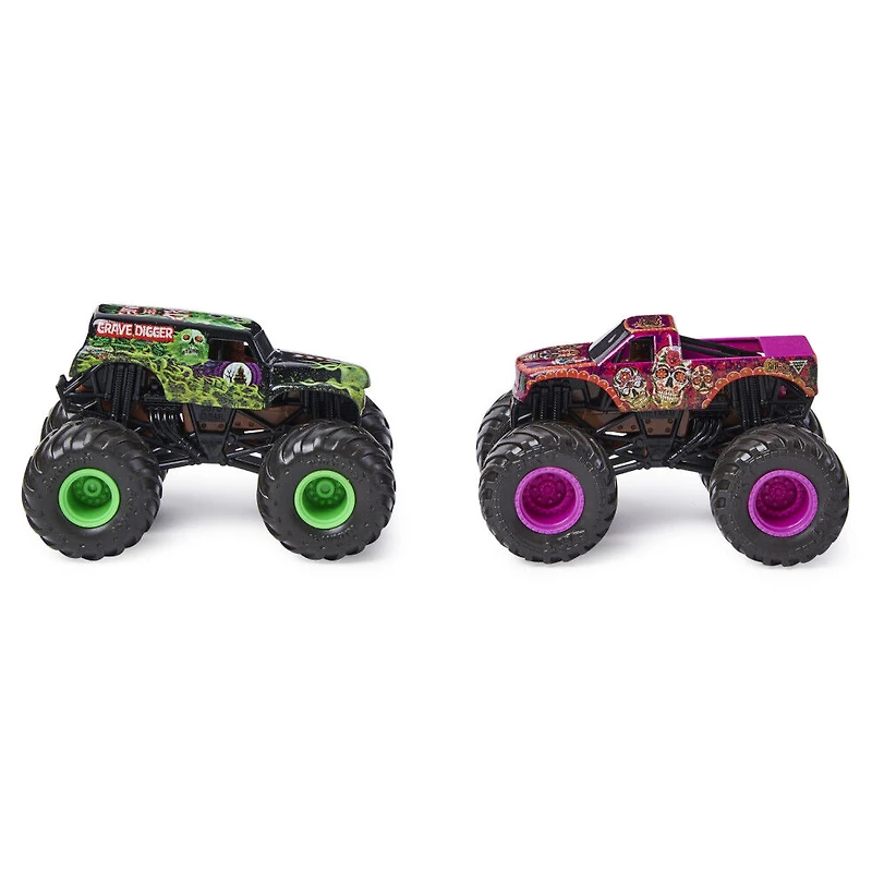 Monster Jam, Coffret de 2 monster trucks officiels en métal moulé Grave Digger vs Calavera qui changent de couleur, échelle 1:64
