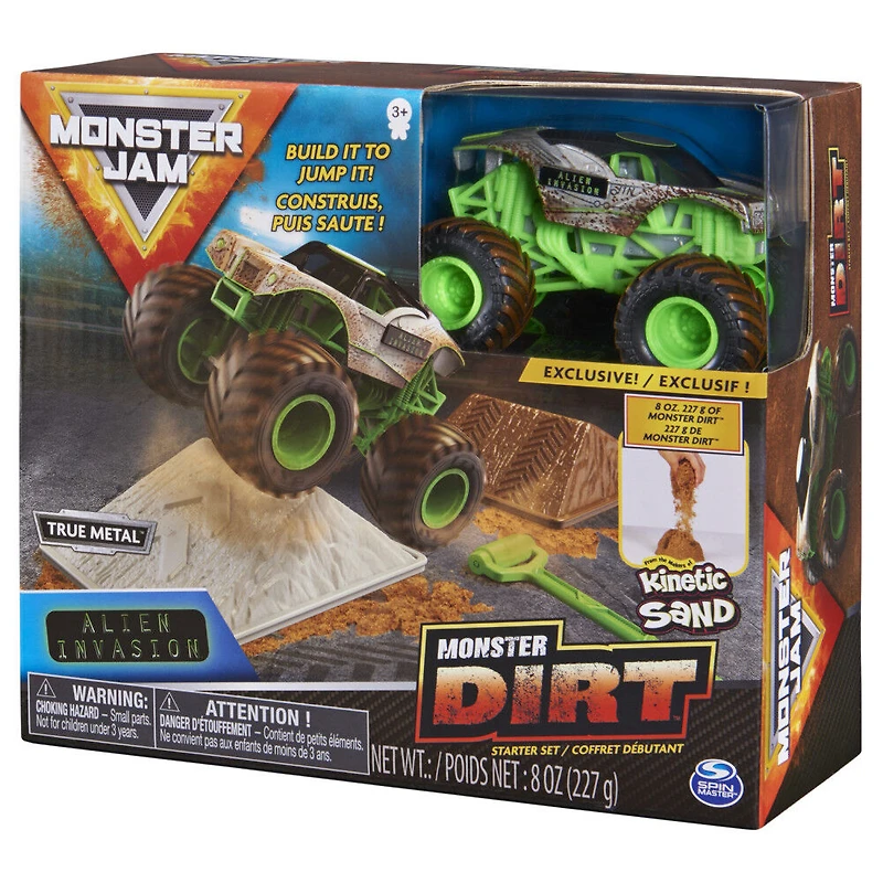 Monster Jam, Coffret débutant Monster Dirt Alien Invasion, avec 227 g de Monster Dirt et un monster truck officiel à l'échelle 1:64
