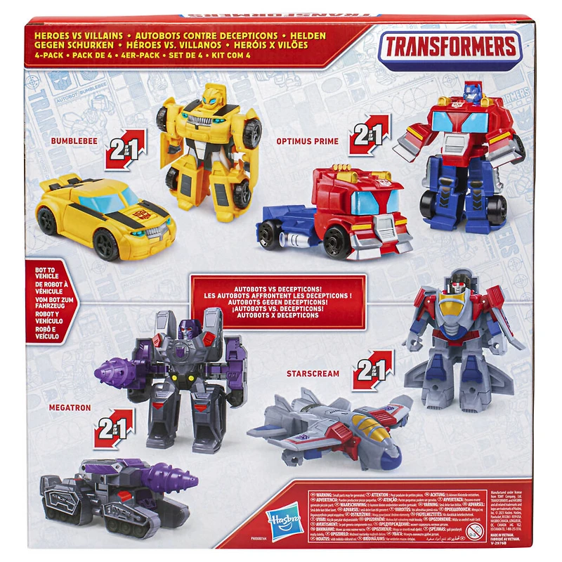 Transformers Toys Heroes vs Villains 4-Pack, 4.5 Inch Action Figures, Preschool Robot Toys for Kids Ages 3 and Up