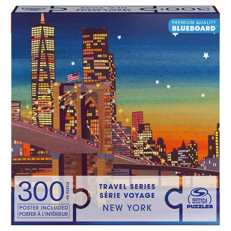 Puzzles Spin Master, New York, Puzzle BlueBoard de 300 pièces de la série Voyage représentant la silhouette des immeubles de Manhattan et le pont de Brooklyn, avec poster